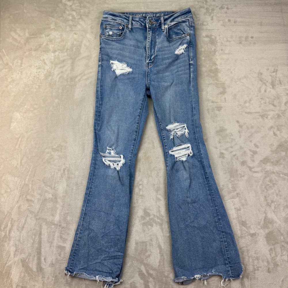 American Eagle Super Hi Rise Flare Womens 6 BoHo Distressed Eyelet Boho Jeans